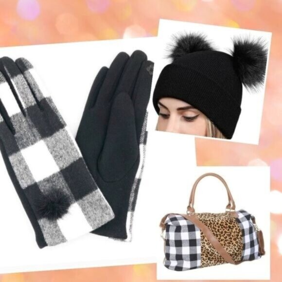 BUFFALO ANIMAL PRINT DUFFEL BAG/POM POM HAT & SMART GLOVES BUNDLE .  NEW - Picture 2 of 5